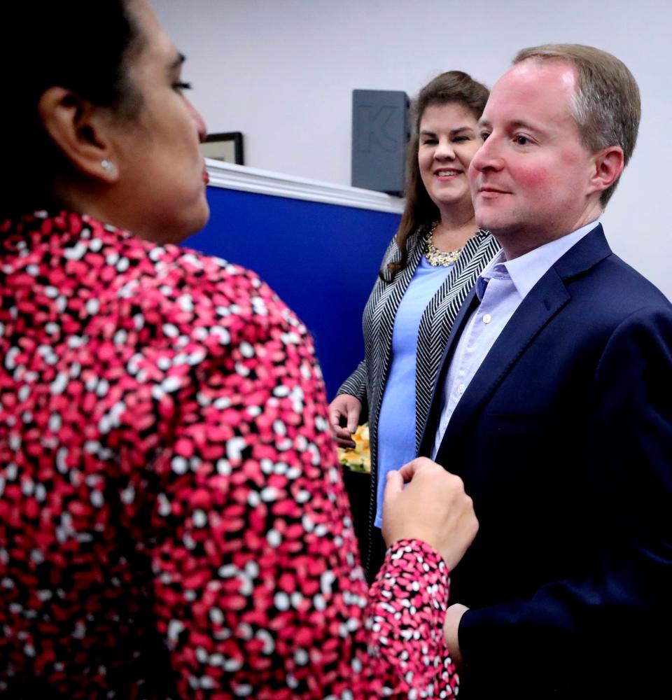 Frances Rosales congratulates Tennessee House of Representatives Dist. 13 winner Robert Stevens at the Republican Headquarters in Murfreesboro after his win on election night, Tuesday, Nov. 8, 2022.