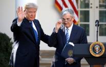 U.S. President Donald Trump gestures with Jerome Powell, his nominee to become chairman of the U.S. Federal Reserve at the White House in Washington