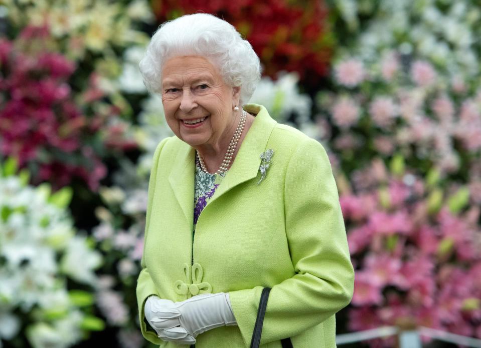 The Queen smiles as she clasps her hands together at the Chelsea Flower Show