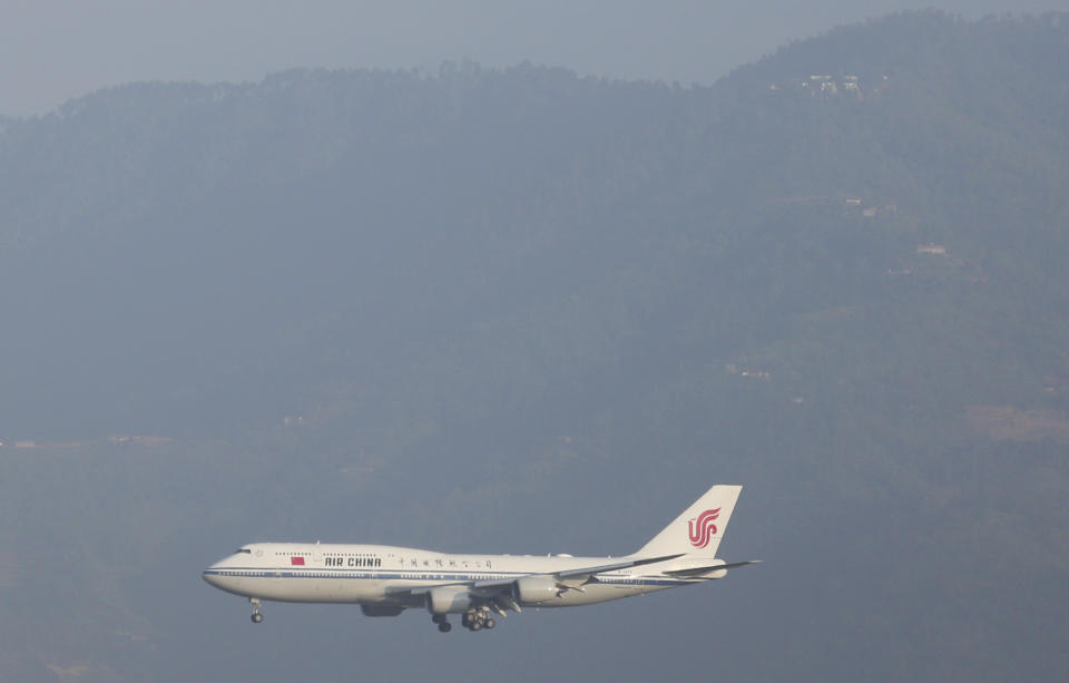 The aircraft carrying Chinese president Xi Jinping prepared to land in Kathmandu, Nepal, Saturday, Oct 12, 2019. Xi arrived Saturday from New Delhi, where he met with Indian Prime Minister Narendra Modi. He was received by Nepalese President Bidhya Devi Bhandari and Prime Minister K.P. Sharma Oli at the Kathmandu airport. (AP Photo/Niranjan Shrestha)