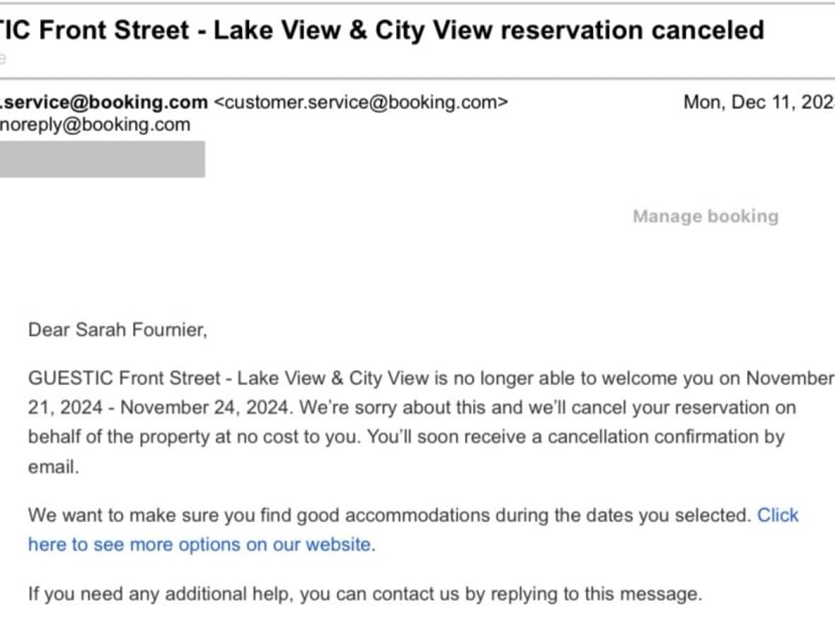 One of two accommodation bookings that were cancelled months apart, leaving Fournier and her friends with no place to stay during the Toronto concert.  (Submitted by Sarah Fournier - image credit)