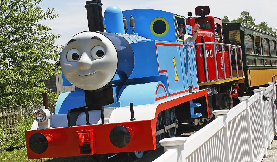 Thomas the Tank Engine pulls a trainload of passengers around Edaville in 2019.
