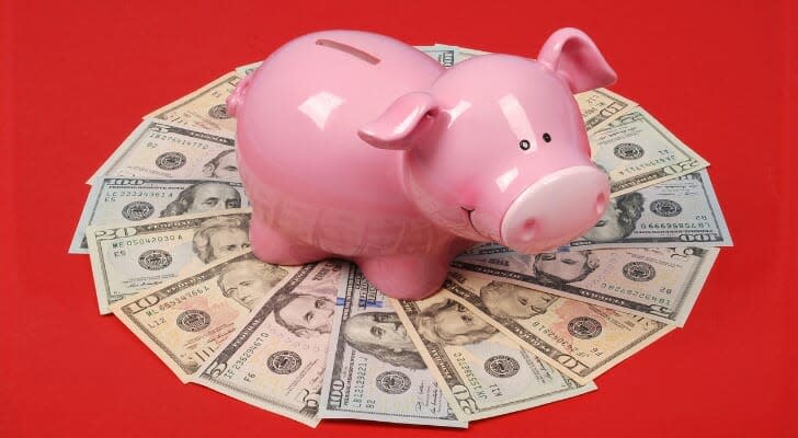 Piggy bank standing on cash money