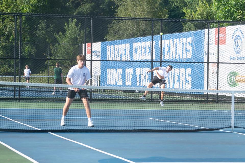 Lakeview doubles team Tyler Duval and Eric Ryan compete against Harper Creek during the All-City boys tennis tournament at Harper Creek High School on Saturday, Aug. 24, 2024.