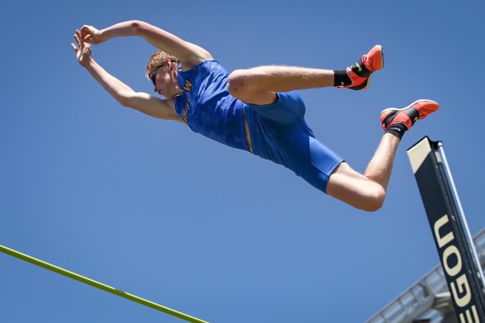 Siuslaw’s Kyle Hughes clears the bar on his way to winning the 3A pole vault at the OSAA state track and field championship at Hayward Field in Eugene Thursday, May 25, 2023.