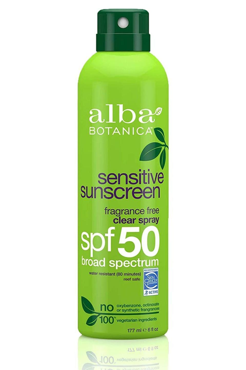 <p><strong>Alba Botanica</strong></p><p>amazon.com</p><p><strong>$9.48</strong></p><p><a href="https://www.amazon.com/dp/B00UTLTC1S?tag=syn-yahoo-20&ascsubtag=%5Bartid%7C10049.g.31696775%5Bsrc%7Cyahoo-us" rel="nofollow noopener" target="_blank" data-ylk="slk:Shop Now;elm:context_link;itc:0;sec:content-canvas" class="link ">Shop Now</a></p><p><a href="https://www.cosmopolitan.com/style-beauty/beauty/a31347/beauty-products-sensitive-skin/" rel="nofollow noopener" target="_blank" data-ylk="slk:Beauty products for sensitive skin;elm:context_link;itc:0;sec:content-canvas" class="link ">Beauty products for sensitive skin</a> are kind of like a minefield—you never know what’s going to set your skin off. This spray sunscreen is a pretty safe bet though. It’s <strong>formulated with botanical ingredients, like chamomile and aloe, </strong>and without synthetic fragrances or chemicals, like oxybenzone and octinoxante.<em><strong><br></strong></em></p><p><em><strong>THE REVIEWS: "</strong>I love this sunscreen. I have tried every spray-on sunscreen brand out there. However, my children all have very sensitive skin and would develop a minor rash (some worse than others) from all other brands of spray-on and lotion sunscreen (even the ones "for sensitive skin")," writes one tester. "Alba Botanica's version proves to be the most effective and safe for my children! It protects against sun damage, is easy to use, and does not cause any rashes. It smells good, too. Will continue to purchase this product and only this product!"</em></p>