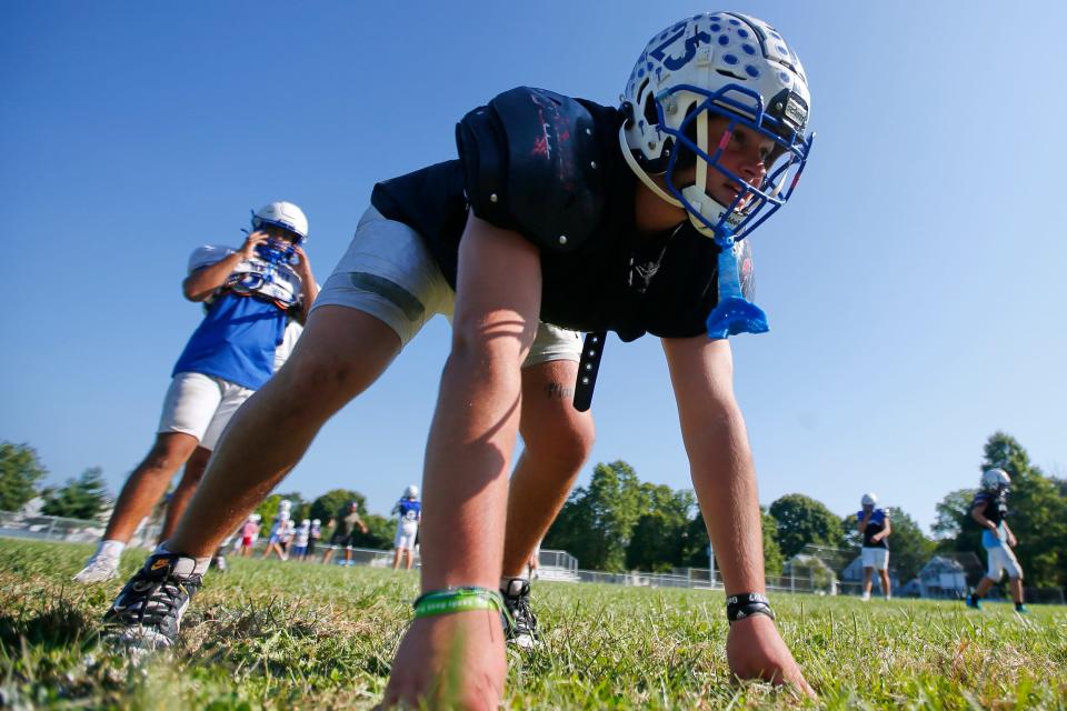 RB Justin Marques waits for the snap during the Fairhaven High School football team practice held at Cushman Park in Fairhaven.