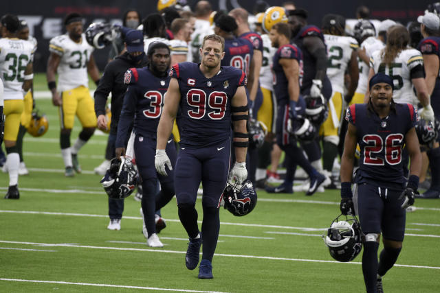 Houston Texans defensive end J.J. Watt warms up before the start of an NFL  preseason football game against the Green Bay Packers Thursday, Aug. 8,  2019, in Green Bay, Wis. (AP Photo/Jeffrey