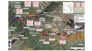 Camp Creek and Outlaw gold geochemical anomalies and 2020 drill sites