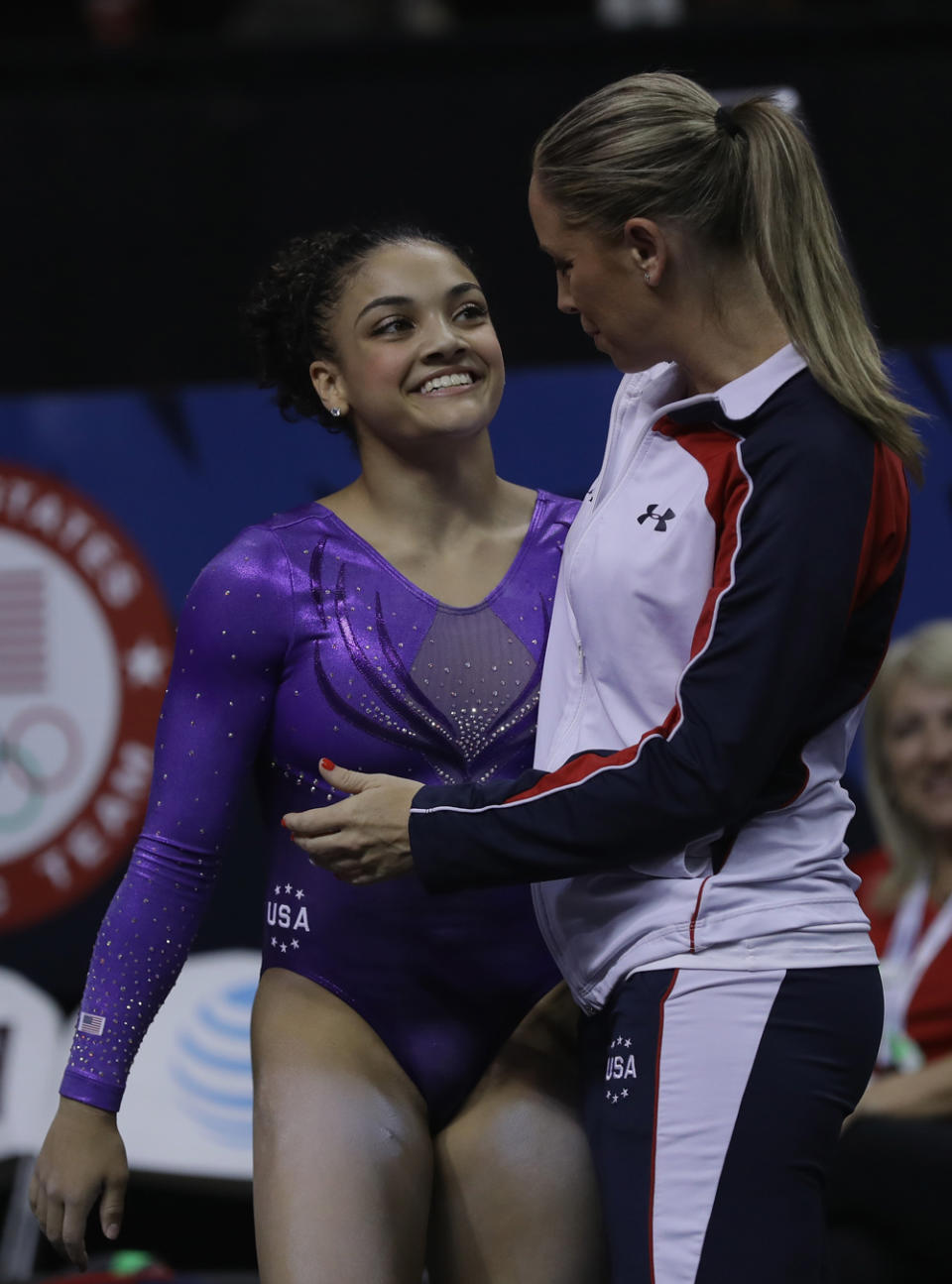 <p>Lauren Hernandez with Maggie Haney after competing on the balance beam during day 1 of the 2016 U.S. Olympic Women’s Gymnastics Team Trials at SAP Center on July 8, 2016 in San Jose, California. (Photo by Ronald Martinez/Getty Images) </p>