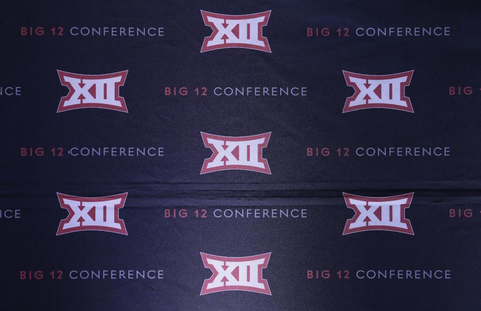 The Big 12 sports conference logo is shown in Irving, Texas, Thursday, June 2, 2016. (AP Photo/LM Otero)