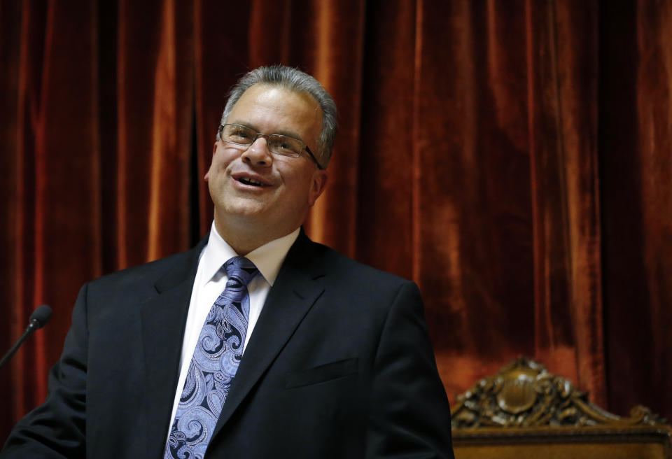 Democrat Nicholas Mattiello, of Cranston, R.I., speaks after being sworn in as the new House Speaker by the Rhode Island House of Representatives at the Statehouse in Providence, Tuesday, March 25, 2014. Mattiello was elected after the abrupt resignation of Gordon Fox, one of the most powerful figures in state government, after his home and Statehouse office were raided as part of a criminal probe. (AP Photo/Elise Amendola)