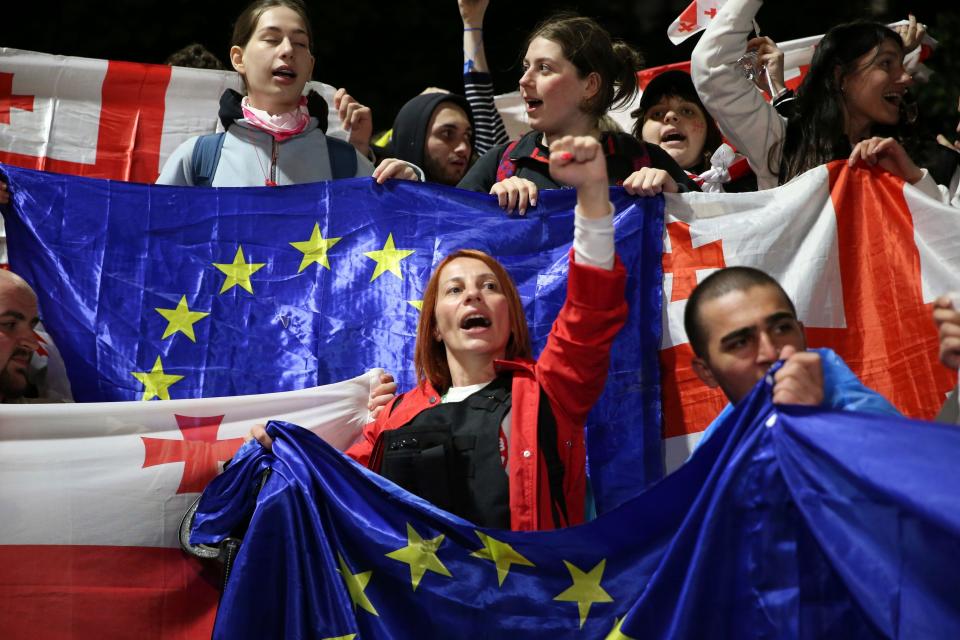 Eurozone Demonstrators with Georgian national and EU flags.