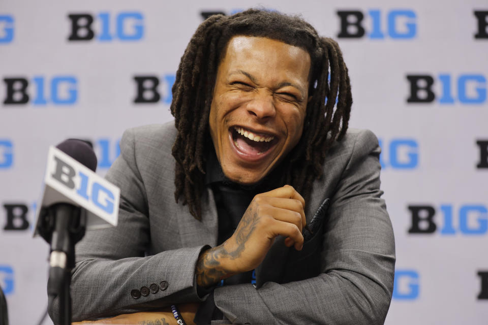 Penn State guard Ace Baldwin Jr. answers questions during Big Ten NCAA college basketball Media Days Tuesday, Oct. 10, 2023, in Minneapolis. (AP Photo/Bruce Kluckhohn)