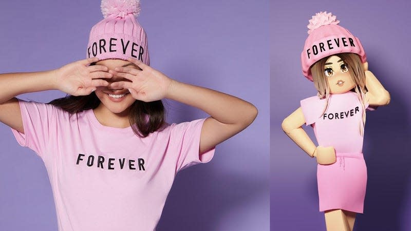 A real girl in a pink hoodie and shirt that say "Forever" is shown next to an avatar wearing the same virtual outfit.