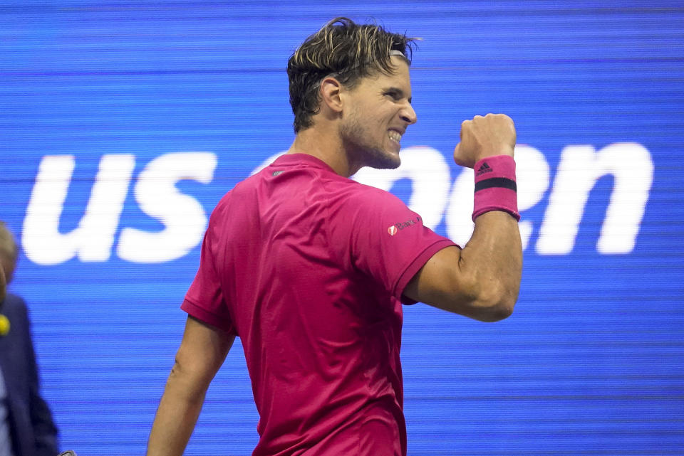 Dominic Thiem, of Austria, reacts after defeating Daniil Medvedev, of Russia, during a men's semifinal match of the US Open tennis championships, Friday, Sept. 11, 2020, in New York. (AP Photo/Frank Franklin II)