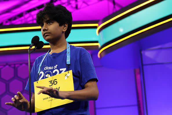 NATIONAL HARBOR, MARYLAND - JUNE 01: Speller Dev Shah of Largo, Florida, participates in a final round of the 2023 Scripps National Spelling Bee at Gaylord National Hotel and Convention Center on June 1, 2023 in National Harbor, Maryland. (Photo by Alex Wong/Getty Images)