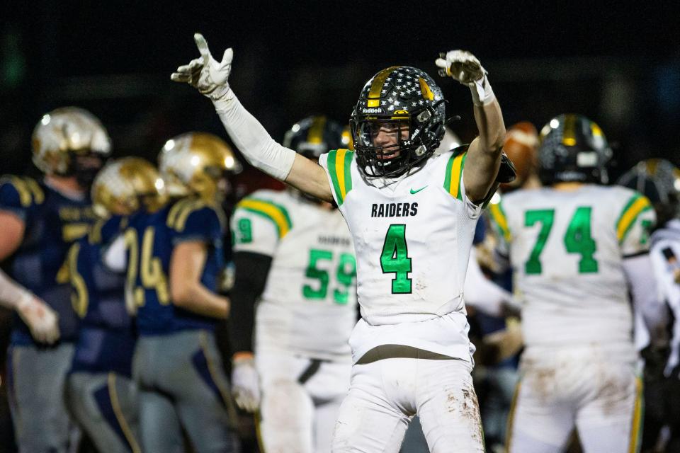 Northridge's Matthew Rutledge celebrates during the New Prairie vs. Northridge 4A semistate championship game Friday, Nov. 19, 2021at New Prairie High School. 