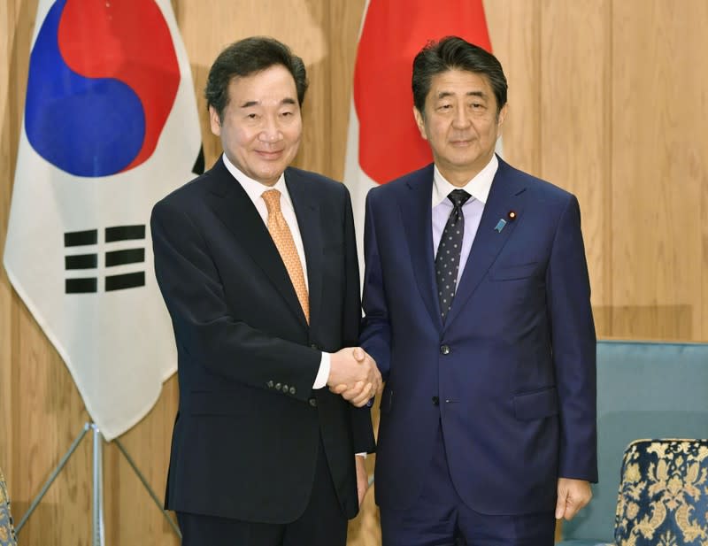 South Korea's Prime Minister Lee Nak-yon meets with Japan's Prime Minister Shinzo Abe at Abe's official residence in Tokyo