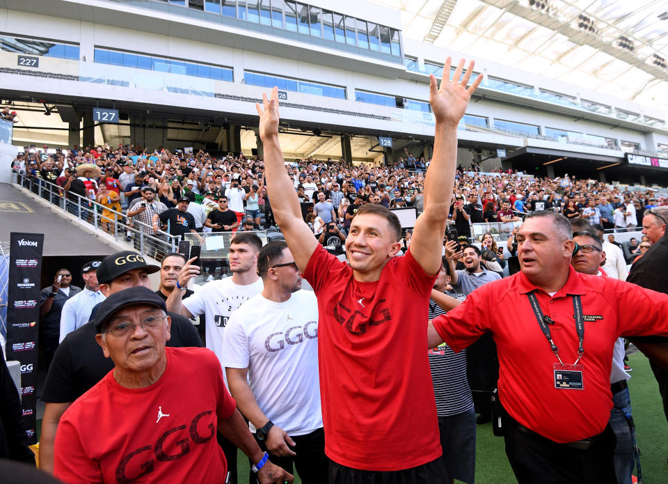 Gennady Golovkin waves to fans as he enters Banc of California Stadium during a media workout on Aug. 26, 2018, in Los Angeles, California. (Getty Images)