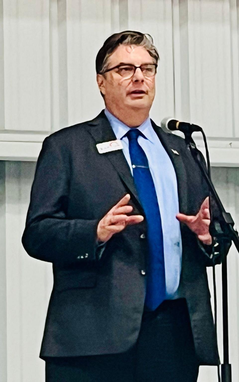 Candidate for Naples City Council Berne Barton speaks to a group about the importance of the Naples Airport at a private event Feb. 28, 2024, hosted by Elite Jets in a hangar at the airport.