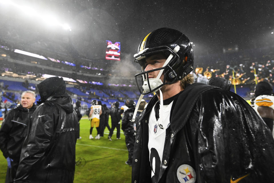 Pittsburgh Steelers quarterback Kenny Pickett looks on after an NFL football game against the Baltimore Ravens, Saturday, Jan. 6, 2024, in Baltimore. (AP Photo/Terrance Williams)