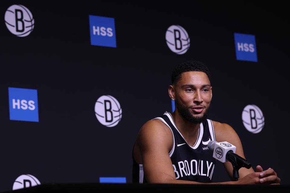 NEW YORK, NEW YORK - OCTOBER 02: Ben Simmons #10 of the Brooklyn Nets speaks during Brooklyn Nets Media Day at HSS Training Center on October 02, 2023 in New York City. NOTE TO USER: User expressly acknowledges and agrees that, by downloading and or using this photograph, User is consenting to the terms and conditions of the Getty Images License Agreement. (Photo by Mike Lawrie/Getty Images)
