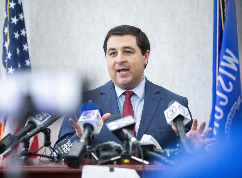 Wisconsin Attorney General Josh Kaul delivers remarks following hearing before Dane County Wis. judge Diane Schlipper which challenges a 174-year-old feticide law in Madison, Wis. Thursday, May 4, 2023. Wisconsin lawmakers passed a law in 1849 that outlaws abortion except to save the mother's life. The U.S. Supreme Court's landmark Roe vs. Wade decision in 1973 that legalized abortion statewide effectively voided the ban.