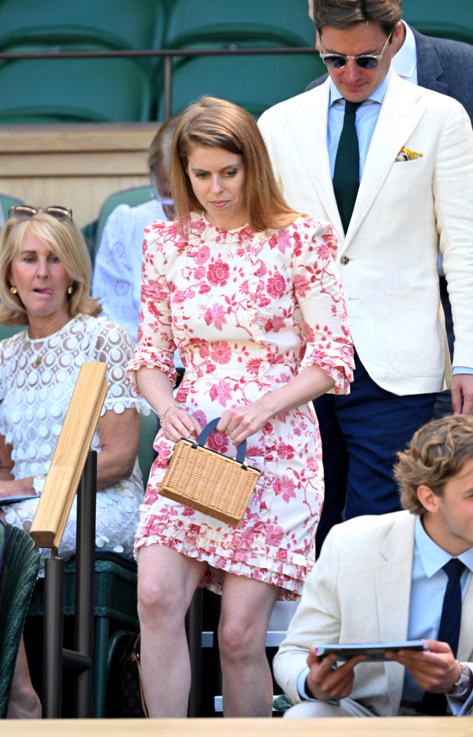 Princess Beatrice chose a summery square wicker bag to accessorise her The Vampire's Wife dress on day 12 of Wimbledon. (Getty Images)