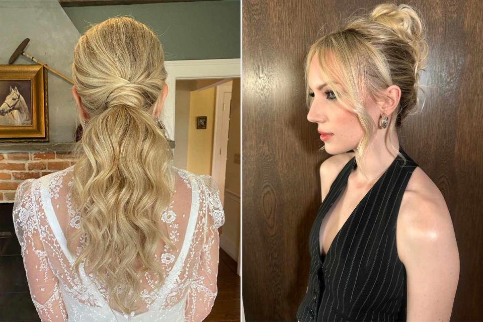 <p>Mia Santiago</p> A textured ponytail (left) and a Pamela Anderson-inspired updo, created by celebrity hairstylist Mia Santiago