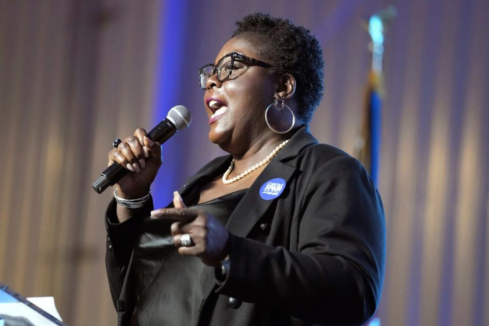 Party operative Christale Spain gives her speech as a candidate for chair of the South Democratic Party during the party's convention on Saturday, April 29, 2023, in Columbia, S.C. Spain was elected as the first Black woman to lead the state party. (AP Photo/Meg Kinnard)