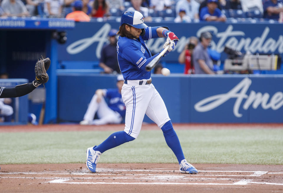 TORONTO, ONTARIO - AUGUST 8: Bo Bichette #11 of the Toronto Blue Jays grounds out against the New York Yankees in the first inning at the Rogers Centre on August 8, 2019 in Toronto, Canada. (Photo by Mark Blinch/Getty Images)