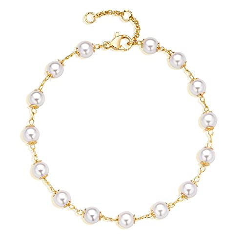 LOYATA Gold Bracelet 14K Gold Plated Dainty Pearl Chain Handmade Simple Jewelry Gift for Women