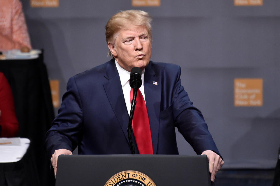 NEW YORK, NEW YORK - NOVEMBER 12: President Donald Trump delivers a speech at the Economic Club Of New York in the Grand Ballroom of the Midtown Hilton Hotel on November 12, 2019 in New York City. (Photo by Steven Ferdman/WireImage)