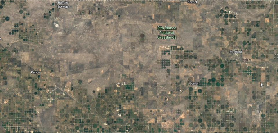 A screen capture on Google Earth shows a sea of farmland surrounding Rita Blanca National Grasslands in the Texas Panhandle.