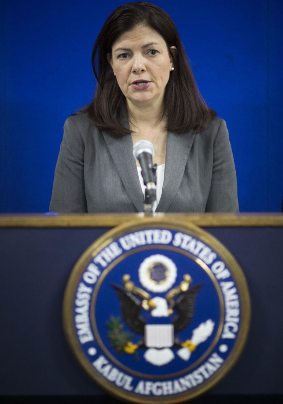 U.S. Sen. Kelly Ayotte speaks during a press conference at the American Embassy in Kabul, Afghanistan, Saturday, March 22, 2014. Ayotte stressed out during her brief visit to Afghanistan that no American forces would remain in Afghanistan without a bilateral security agreement, but she also said Obama shouldn’t wait for that to give an idea of what the U.S. presence would look like after the NATO-led combat mission ends at the end of this year. (AP Photo/Anja Niedringhaus)