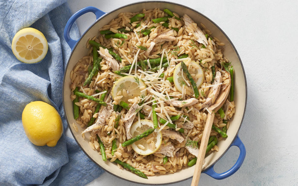 <p>Mark Boughton Photography</p><p>Speaking of which, fast-cooking orzo—a small rice-shaped pasta—is a perfect backdrop for the bright flavors in this nutritious, one-pan dish.</p><p><strong>Get the recipe: </strong><a href="/1044324/parade/lemony-chicken-asparagus-orzo-recipe/" data-ylk="slk:Lemony Chicken and Asparagus Orzo;elm:context_link;itc:0;sec:content-canvas" class="link "><strong>Lemony Chicken and Asparagus Orzo</strong></a></p>