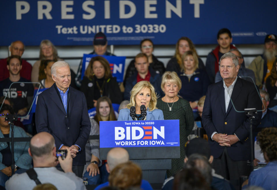 FILE - In this Nov. 23, 2019, file photo, Jill Biden speaks at an event where former Iowa Governor and Secretary of Agriculture Tom Vilsack and his wife Christie Vilsack , right, endorsed Democratic presidential candidate former Vice President Joe Biden, left, in Des Moines, Iowa. Few states have changed politically with the head-snapping speed of Iowa. (AP Photo/Justin Hayworth, File)