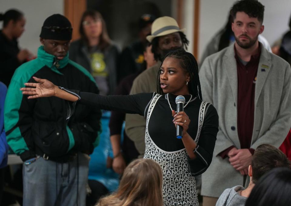 Destiny King, a member of the Des Moines Community Youth Board, speaks during a town hall meeting for teens and families on Monday, Feb. 13, 2023, at the Masonic Lodge on Sixth Avenue in Des Moines.