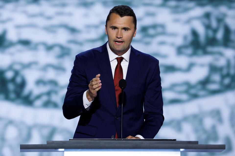 PHOTO: CEO of Turning Point USA Charlie Kirk speaks on stage on the first day of the Republican National Convention on July 15, 2024 in Milwaukee, Wis. (Chip Somodevilla/Getty Images)
