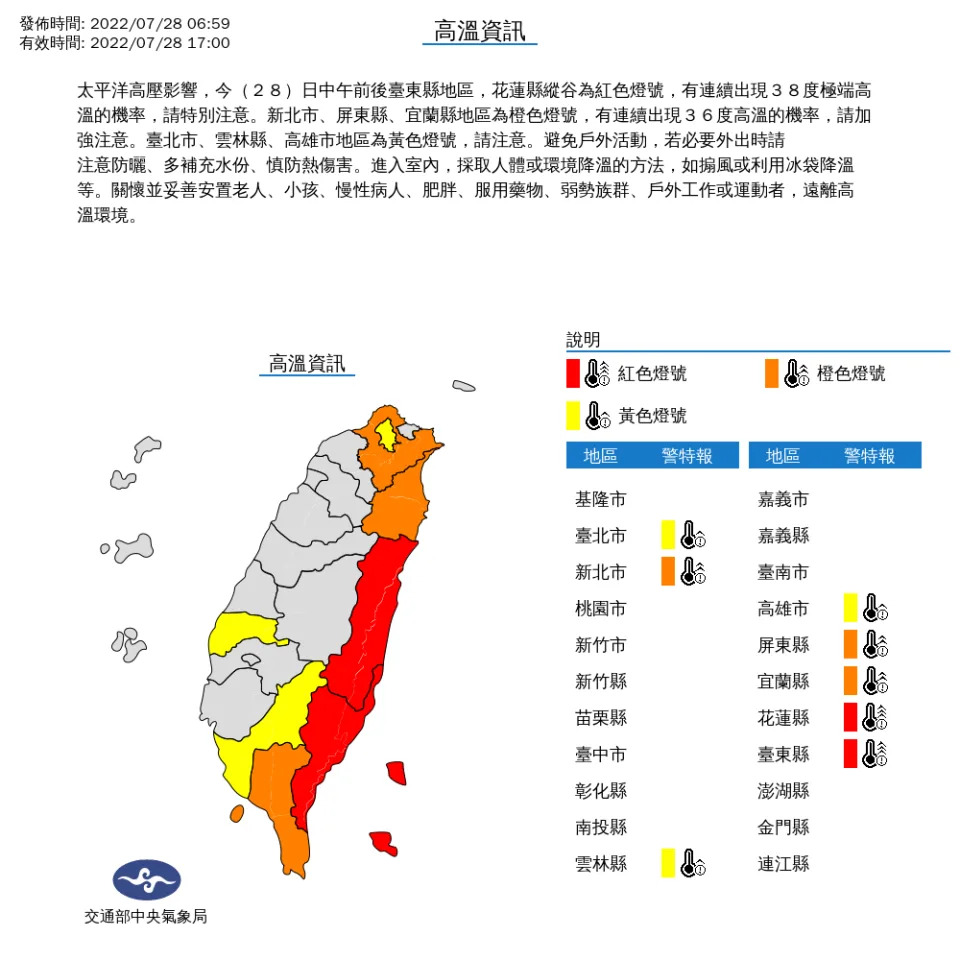 中央氣象局針對8縣市發布高溫特報。（圖片來源：中央氣象局）