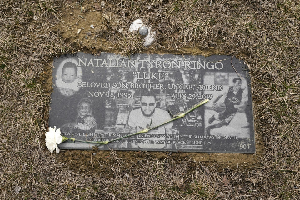Natalian Ringo's resting place, Tuesday, March 28, 2023, in Redford Charter Township, Mich. Natalian was fatally shot while sitting in his car in 2019. His mother, Bernice Ringo, was ultimately denied victim compensation because program officials said they believed he had contributed to his own murder. (AP Photo/Carlos Osorio)