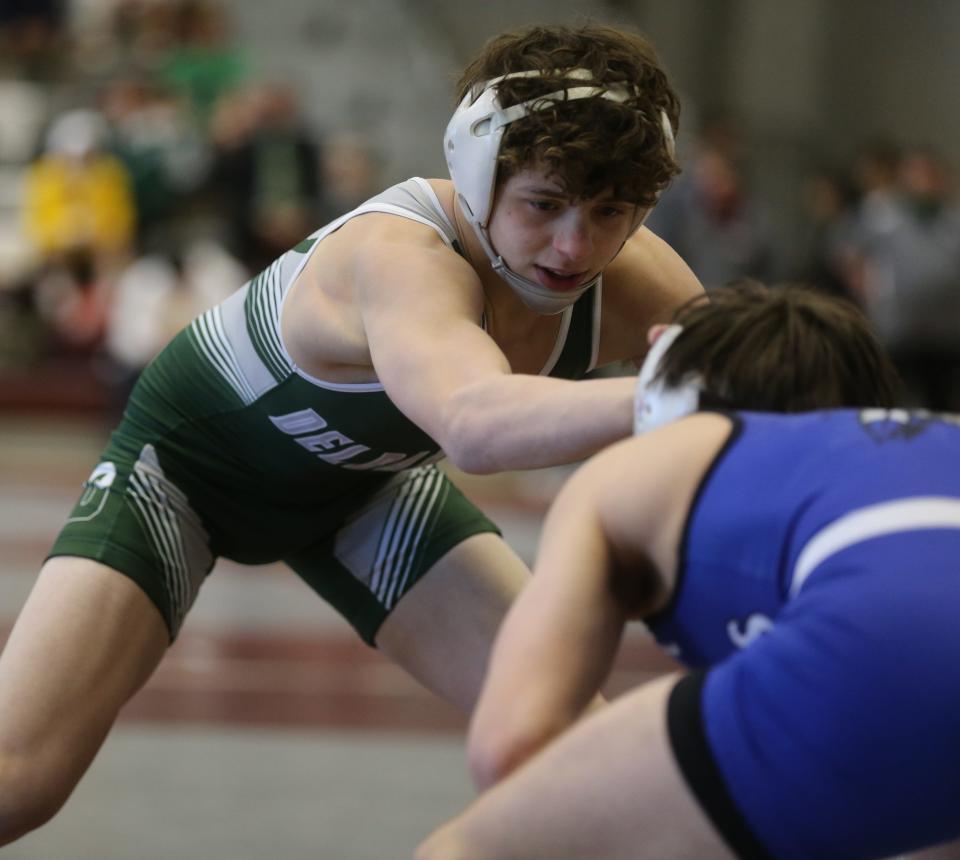 Tyler Vazquez of Delbarton and John Hildebrandt of Williamstown in the 120 lb. match won by Vazquez during the pre quarter finals of the NJSIAA Wrestling Championships at Phillipsburg, NJ on April 24, 2021.