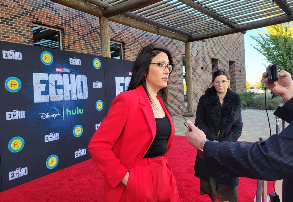 Sydney Freeland, a Navajo filmmaker who is a director and executive producer on the upcoming Marvel Studios series "Echo" speaks to reporters at a red carpet event Friday, Nov. 3, 2023, at the Choctaw Cultural Center in Calera, Oklahoma. The main character in "Echo" is Choctaw, and Freeland and her Marvel team worked closely with the Choctaw Nation on the streaming series, which debuts Jan. 10 on Disney+ and Hulu.