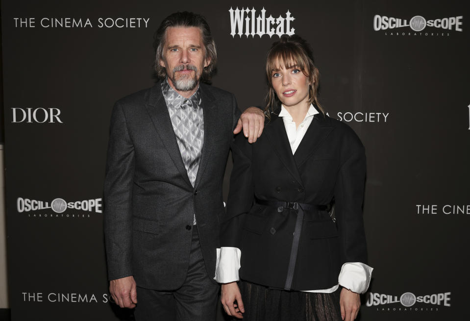 Ethan Hawke, left, and Maya Hawke attend the premiere of "Wildcat", hosted by Dior and The Cinema Society, at the Angelika Film Center on Thursday, April 11, 2024, in New York. (Photo by CJ Rivera/Invision/AP)