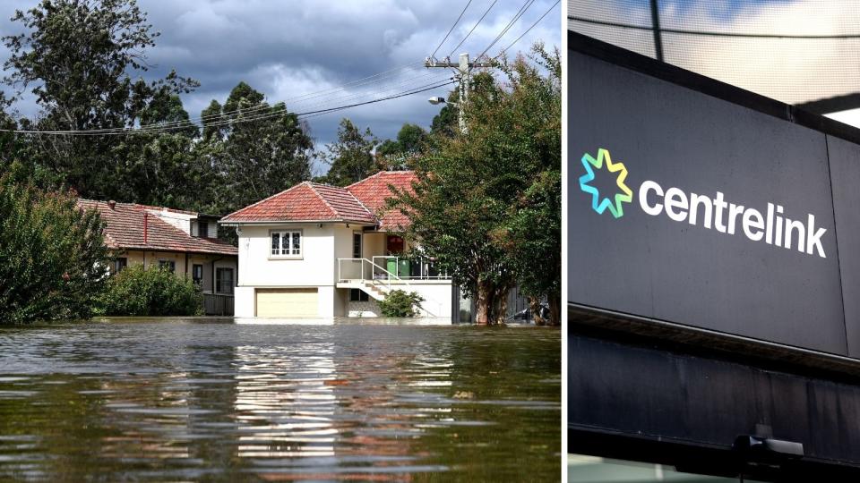 Woman in NSW floods and Centrelink sign