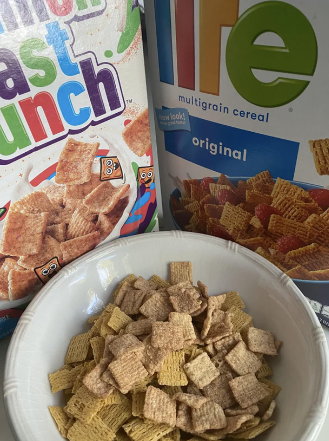 a mix of Life and Cinnamon Toast Crunch in a bowl