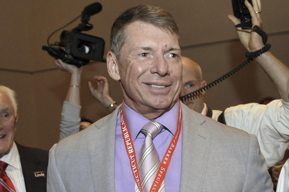 FILE - WWE Chairman and Chief Executive Officer Vince McMahon is shown at the Connecticut Republican Convention in Hartford, Conn., May 21, 2010. Federal law enforcement agents executed a search warrant and served a federal grand jury subpoena McMahon last month, July 2023, according to a regulatory filing. McMahon is also taking medical leave from the sports entertainment company following recent spinal surgery. (AP Photo/Jessica Hill, File)