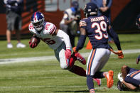 New York Giants running back Saquon Barkley (26) runs against the Chicago Bears during the first half of an NFL football game in Chicago, Sunday, Sept. 20, 2020. (AP Photo/Charles Rex Arbogast)