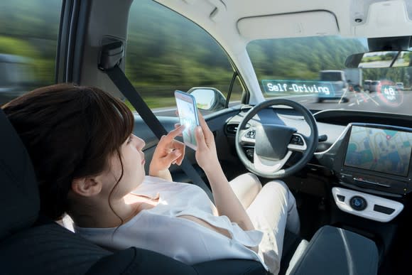 Woman using a smartphone while riding in a self-driving car.